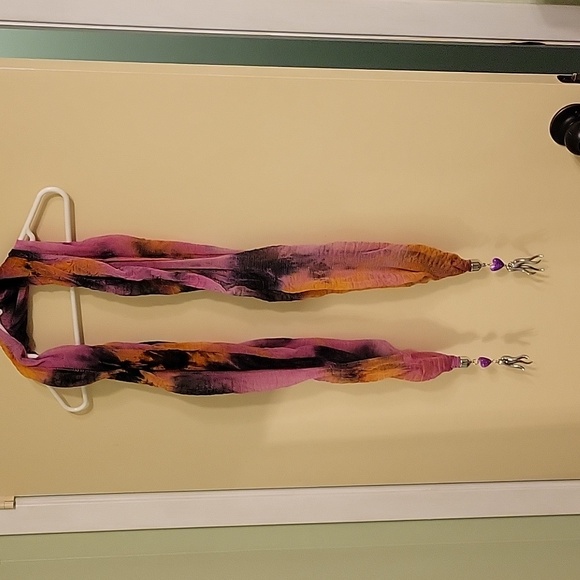 Pink and black swirly print long scarf with silver metal and purple tassels - Picture 1 of 5